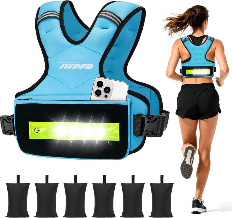 JWPFD Adjustable Weighted Vest for Women Men, 6-15 Lbs/12-18 Lbs Rucking Vest with LED Light Strips, Weight Vest with 6 Ironsand Weights, and Zipper Pocket for Strength Training, Walking, Running - Image 1